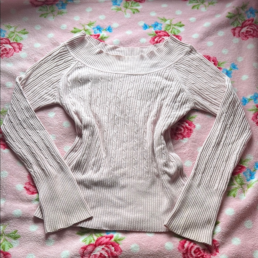 Soft Pink off the shoulder cable knit sweater